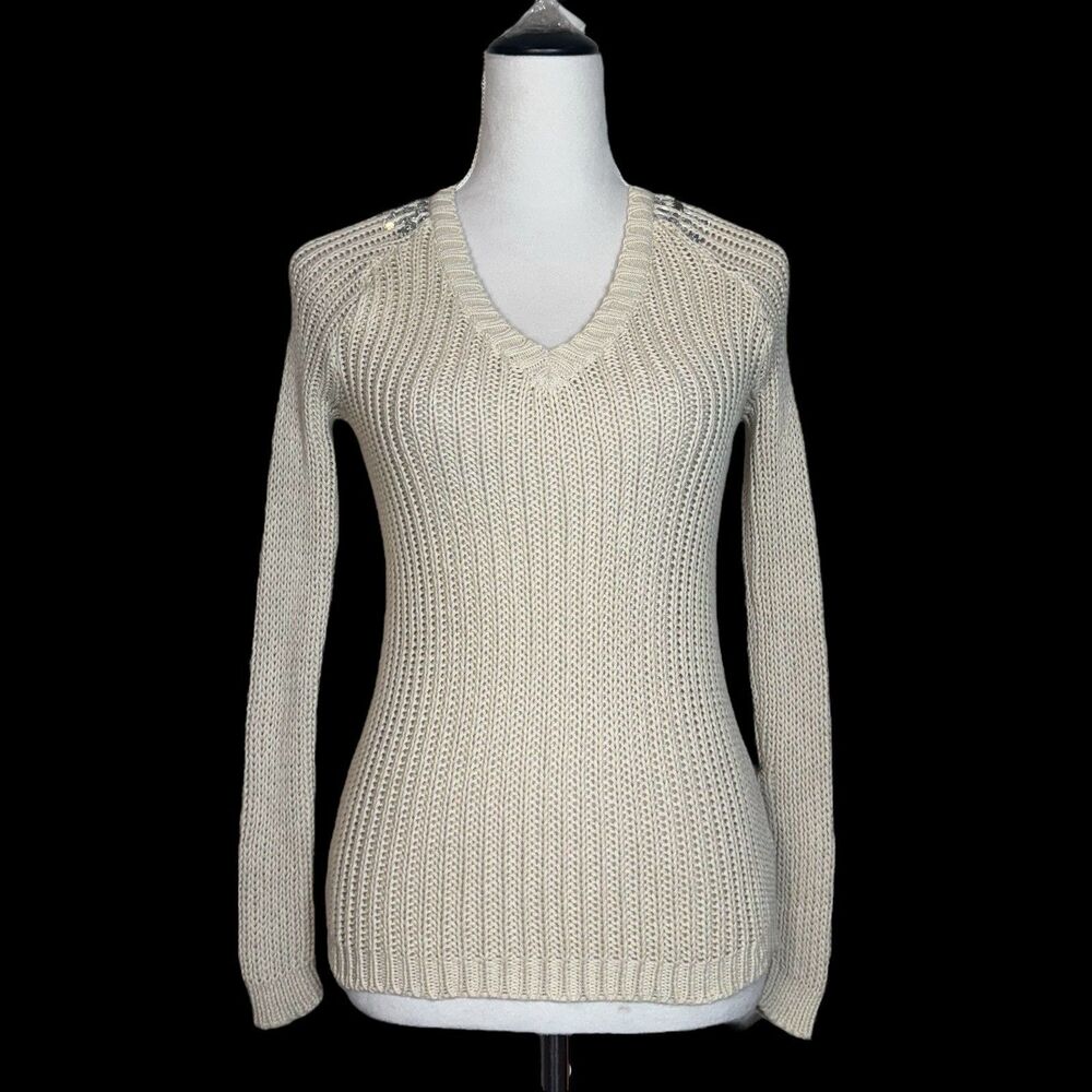 Vintage Y2K Cable Knit V-Neck Sweater Size M Jeweled‎ Fairy Preppy Whimsical